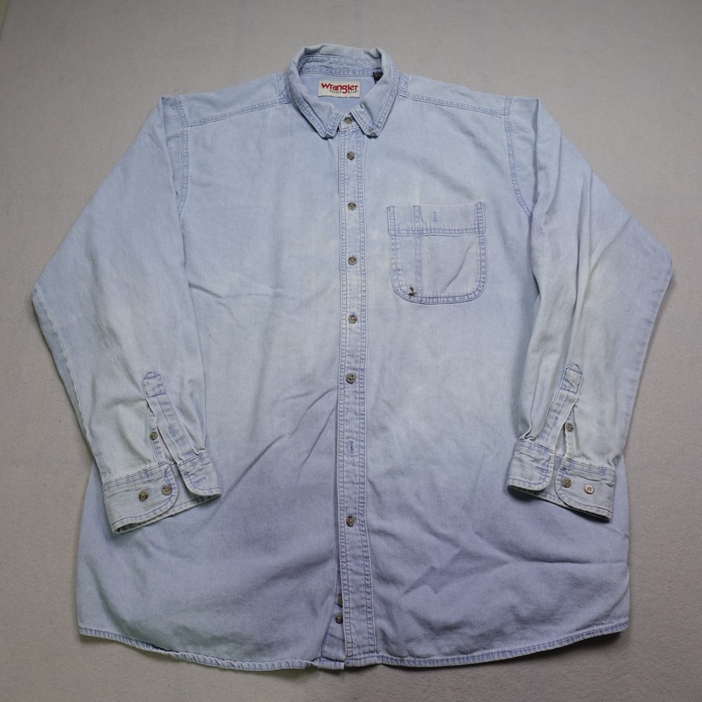 Wrangler Shirt Mens 3XLT Blue Denim Long Sleeve Button Up Rugged Wear Relaxed